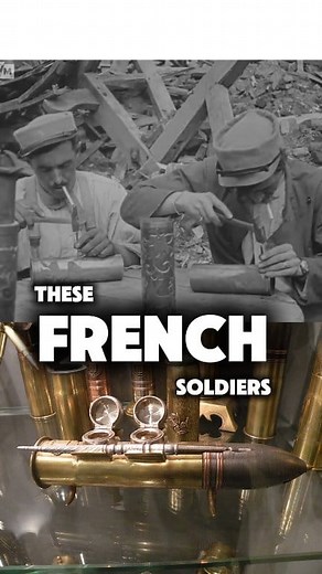 This newsreel clip, IWM IWM 508-23, released #OTD Aug 18 1918, shows French soldiers (Probably the 5th Artillery Regiment) relaxing on top of a pile of rubble by making souvenirs from expended 75mm shell-cases. Shell cases were usually recycled and refired. #DYK #WWI #WW1 #ww1history #logistics | This Day In WWI