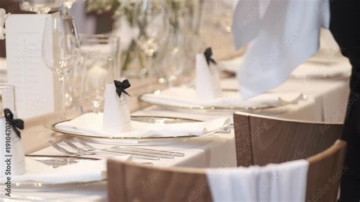 Elegant formal dinner table setting with white linens, crystal glassware, and white favor boxes with black bows. Static shot.