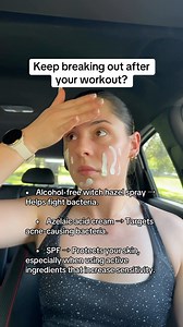7 comments | Keep breaking out after your workout? • Alcohol-free witch hazel spray → Helps fight bacteria and refresh the skin. • Azelaic acid cream → Targets acne-causing bacteria and reduces inflammation. • SPF → Protects your skin, especially when using active ingredients that increase sensitivity. | Misspeytonsmith | Facebook