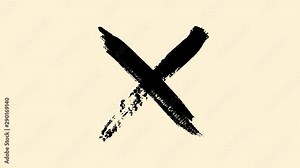 Abstract black cross painted by wide brush strokes on beige background. Animation. Black X letter, crossed lines disappearing, denial concept.