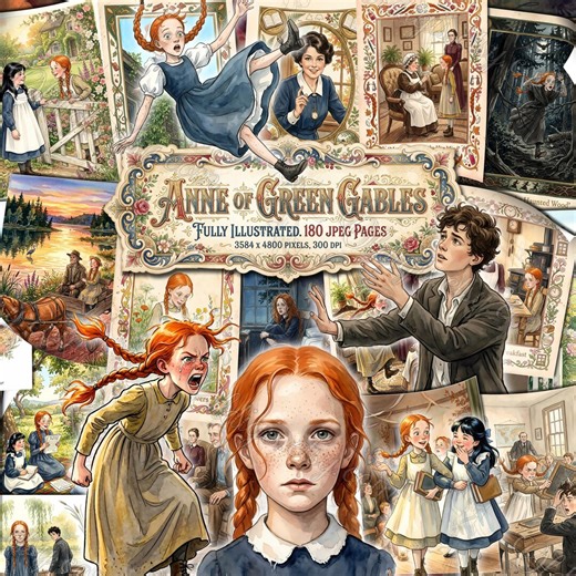 ANNE of GREEN GABLES Fully Illustrated, Junk Journal Kit, Classic Book Literary Prints, Nursery Book Watercolor Scenes, Vintage Ephemera - Etsy