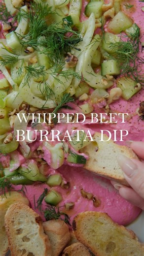 Comment 'RECIPE' This easy beet dip is made with earthy beets and creamy burrata. It's topped with a fresh salad and paired with crunchy crostini. https://www.foodbymaria.com/beet-dip/ | Foodbymaria