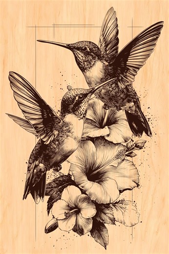 Hummingbird Pair Laser Engraving PNG, Floral Harmony Wood Burn, Botanical CNC Digital Design Artwork - Etsy