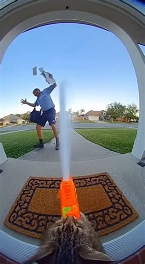 😹 The Mailman Menace! 🔫 A hilarious moment caught on our doorbell cam! We thought the drama was over, but apparently, our cat is on a mission. Watch as this fierce feline takes out the third mail carrier this month with a well-aimed water gun from the doorway. Don't worry, everyone is fine, but we might need to put a warning sign up! 😂 Hashtags #CatVSCarrier #DoorbellCam #FunnyPets #Prank #Mailman #WaterGun #CatLife #Caturday | The real danger of chewing gum at school isn't being caught by yo