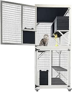 Cat House Catio Outdoor Cat Enclosure, 3-Tier Cats Cage Indoor on Wheels, Waterproof Roof Outdoor Cats Enclosures, 2 Windows & Doors