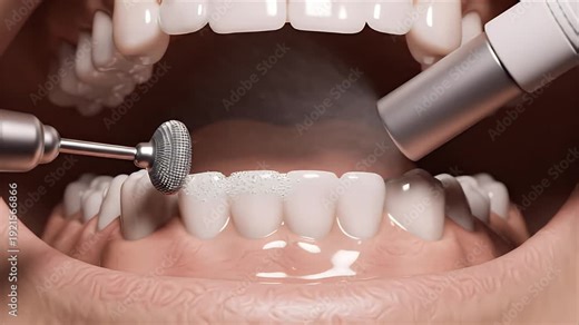 Close up CGI animation inside human mouth dental drill cleaning plaque and debris from teeth and gums with sparkling