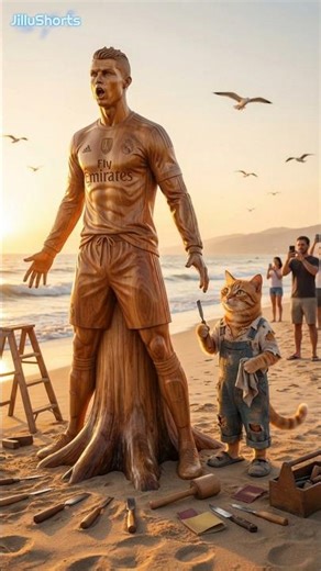 Poor Orange Cat Creates Cristiano Ronaldo Wooden Statue on the Beach 😱🐱 | Amazing Wood Carving Art