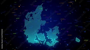 Futuristic Motion View Blue Colorful Shiny Digital Technology Hud Dots Mosaic Grid Denmark Map Separate Regions Light Scanning With Numeric Tech Particles, Seamless Loop