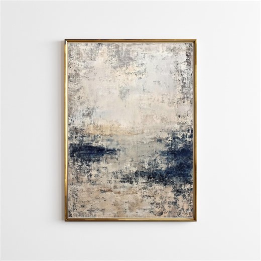 Blue Abstract Art Print, Mid-Century Modern Wall Decor, Beige and Navy Blue Wall Art, Coastal Landscape, Nature Texture, Digital Download