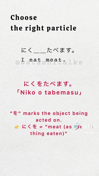 Part 4 | Particle Quiz | にく__たべます。 A. が B. に C. を #JapaneseLearning #WatashiTalks #japan #日本語 #particles #BasicVocab #BasicVocab