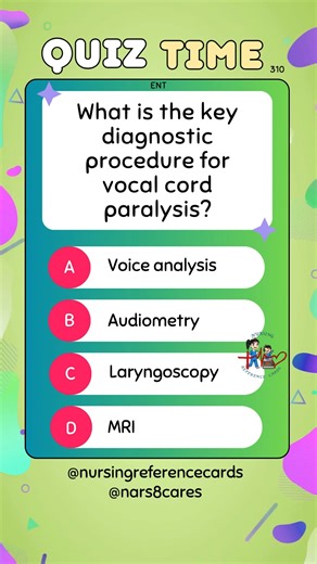 What is the key diagnostic procedure for vocal cord paralysis? * * * * * * * * #nurses #doctors #nursing #medical #nurseexam #NCLEX #nclexreview #nclexrn #registerednurse #medicaldoctor #medicine #studentlife #exam #exampreparation #nclexprep #nursingstudent #medicalstudent #RN #NMC #NGN #PNLE #NLE #USRN #RN #rnlife #nursinglife #fbreels #fypシ゚ @highlight @followers @everyone | Nursing Reference Cards