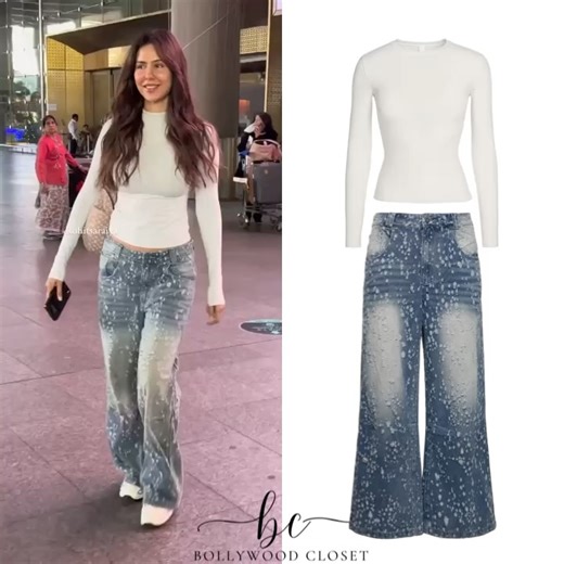 Bollywood Celebrity Style on Instagram: "Sonam Bajwa spotted at the airport. She’s wearing @skims Long Sleeve T-Shirt in Marble (₹5,700), @jadedldn Colossus Jeans (sold out) and @louisvuitton Monogram Idylle Romance Bag. 📸 : Rohit Saraiya"