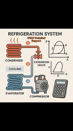 The design of a refrigeration system, highlighting key components such as the condenser, evaporator, expansion valve, and compressor. The system operates in four stages, with refrigerant moving through the condenser (state 1), where it is condensed and pressurized, followed by the expansion valve (state 2) where the refrigerant expands and drops in temperature. In the evaporator (state 3), the refrigerant absorbs heat, cooling the space, and then returns to the compressor (state 4) to begin the 