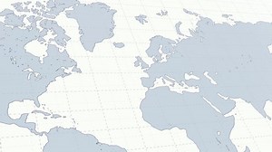 World map - flying over map of the world with grid, Europe and Africa in center. Offwhite and grey coloured flat atlas map. 3d render animation
