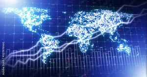 Global investment data, world map finance economy and stock market digital graphs for future analytics, inflation stats and forex trading. International abstract, fintech growth in iot stocks network