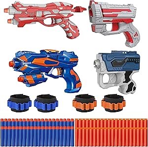 4 Pack Blaster Set for Kids Ages 5+ | 80 Foam Darts & 4 Wrist Bands | Team Battle Toy Gift - Christmas Birthday Easter Party