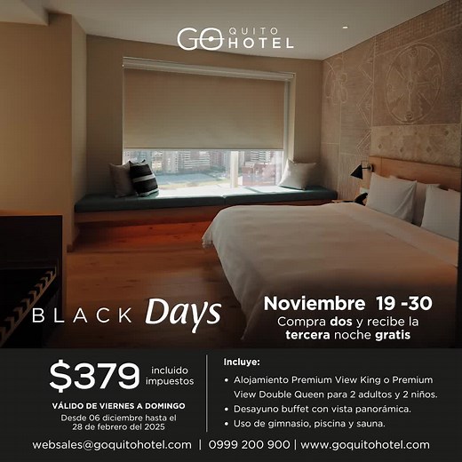 #BlackDays en GO Quito Hotel! 📷 ¡Aprovecha nuestra oferta más exclusiva! Reserve 2 noches y reciba la 3ra noche GRATIS. Reserva en nuestra página web: www.goquitohotel.com #blackfriday #descuentos #gratis #hotel #quito