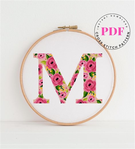 Floral Letter M Cross Stitch Pattern PDF, Monogram Alphabet Embroidery, Flower Initial Wall Art, Instant Download - Etsy