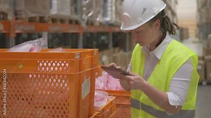 Woman manager or storekeeper at wholesale or retail warehouse keeps inventory control using tablet.