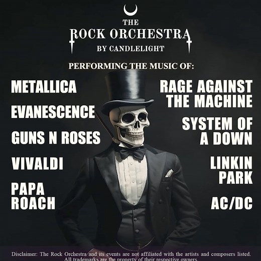 🎸 THE ROCK ORCHESTRA RETURNS! 🕯 The Rock Orchestra by Candlelight is back for 2024 with an epic new 90-minute concert! Following a sell-out tour across Europe & USA, we're infusing legendary Rock & Metal with beautifully dark energy. In stunning candlelit settings, 14 classical musicians deliver enchanting melodies alongside powerful walls of distortion. Experience the unexpected harmony of Classical music and Metal. Get your tickets today! | The Rock Orchestra
