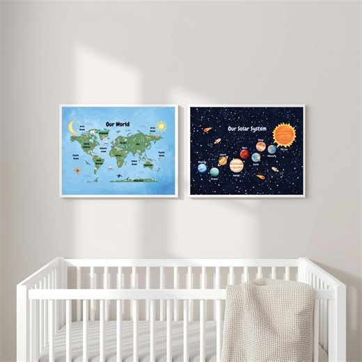 World Map & Solar System Poster Set for Kids – Educational Nursery Wall Art – Montessori Playroom Decor – Space and Geography Prints - Etsy