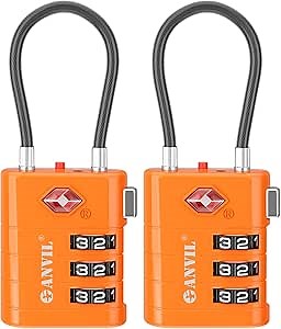 ANVIL TSA Approved Luggage Locks – High Security TSA008 Combination Travel Locks with Inspection Indicator for Suitcases and Backpacks. (2, Orange)