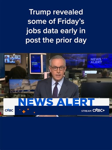 President Donald #Trump in a social media post Thursday evening indirectly revealed data from Friday’s market-moving nonfarm #payrolls count, an apparent violation of long-standing federal policy on statistical releases. CNBC's Eamon Javers has the details. Read more at the #linkinbio or tap on your screen. #CNBC