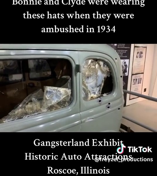 These are the actual hats Bonnie and Clyde were wearing when they were killed in 1934. Next to it is the prop car used in the 1967 film Bonnie and Clyde. These can be seen at Historic Auto Attractions museum in Roscoe, Illinois. #bonnieandclyde #truecrime #gangster #history #fyp