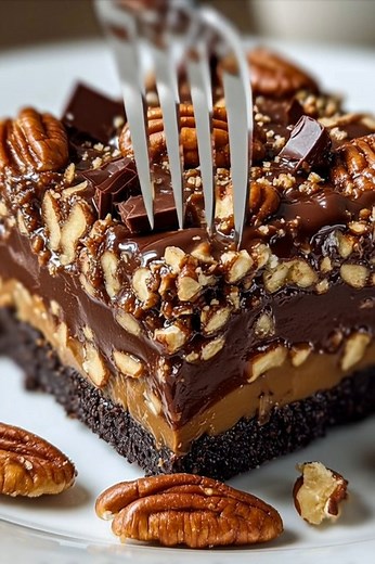 in these rich and decadent No-Bake Texas Chocolate Pecan Pie Bars! A crunchy chocolate cookie crust, creamy chocolate pecan filling, and a luscious chocolate ganache topping adorned with toasted pecans. A true chocolate and nut lover's dream! 🍫🌰 #TexasChocolatePecanPie #ChocolatePecan #PecanPieBars #NoBakeDessert #ChocolateLover #PecanLover #HomemadeDessert #SweetTreat #EasyDessert #PartyDessert #MakeAheadDessert #Foodie #DessertRecipe #HomeBaking #QuickDessert #CreamyDessert #SouthernDessert 