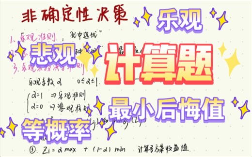 管理学计算题（非确定性决策）乐观准则 悲观准则 等概率准则 最小后悔准则