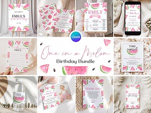 Watermelon 1st Birthday Bundle, One in a Melon Bday Party Package, Watermelon 1st Birthday Decor Set, Melon First Birthday Invitation BK11 - Etsy