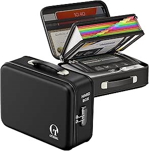 Oterri Fireproof Document Box,Hard Case Safe box with Lock,Upgraded 8 Layers Large File Organizer,Water Resistant Safe for Important Documents, Certificates, Laptop, Passports - File Box in Black