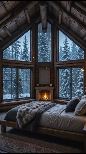 🌙 Rustic Cabin Bedroom with Fireplace & Snowfall | Cozy Winter Day Ambience