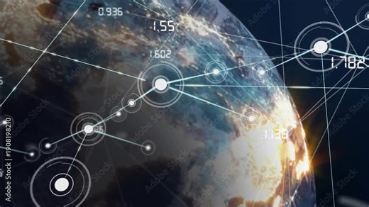 Bright node appearing starting Earth HUD nodes linking pulsing updating showing network