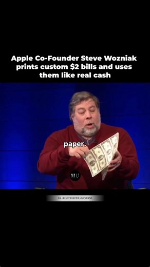 MOTIVATION • MONEY • BUSINESS on Instagram: "Steve Wozniak doesn’t just think differently — he lives differently. In a rare and fascinating interview, the legendary Apple co-founder dropped a story that perfectly sums up his mindset: He actually prints his own custom $2 bills — with unique designs — and spends them like real money. Not as a party trick. Not as a flex. But as a statement. To Woz, it’s about freedom of thought. It’s about proving that you don’t have to accept the world exactly as 