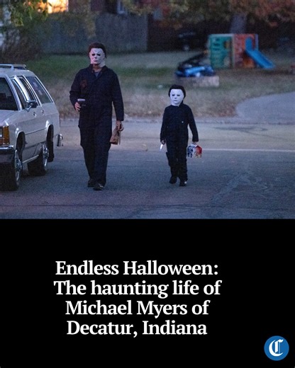 Chicago Tribune on Instagram: "Michael Myers of Decatur has dressed like Michael Myers and haunted his subdivision for 13 straight years. If you visit Facebook or YouTube with any regularity, you’ve likely run into his videos featuring him as Michael Myers cheerleading, camping, shopping, attending a county fair, and disposing of bodies. He has 4.5 million or so social media followers. He gets fan mail daily. He’s gone viral more times than he remembers.⁠ ⁠ When he removes the mask, he is just E