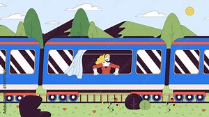 Traveling by railway line cartoon animation. Railroad passenger train 4K video motion graphic. Solo travel. Happy woman traveler looking out window 2D linear animated character on landscape background