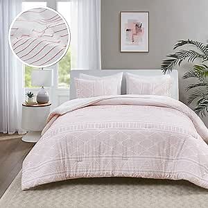Comfort Spaces Cotton Comforter Set Clipped Jacquard Geometric Mid Century Design, Down Alternative, All Season Modern Bedding, Matching Shams, Full/Queen, Albany, Blush 3 Piece
