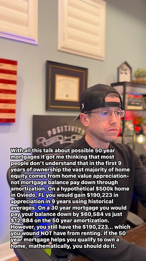 With all this talk about possible 50 year mortgages it got me thinking that most people don’t understand that in the first 9 years of ownership the vast majority of home equity comes from home value appreciation- not mortgage balance pay down through amortization. On a hypothetical $500k home in Oviedo, FL you would gain $190,223 in appreciation in 9 years using historical averages. On a 30 year mortgage you would pay your balance down by $60,584 vs just $12,884 on the 50 year amortization. Howe