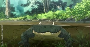 anime animation featuring an alligator floating in swamp perfect for segue, transition Stock Video