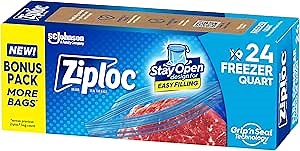 Ziploc Quart Food Storage Freezer Bags, Stand-Up Bottom, Easy to Fill, 24 Count