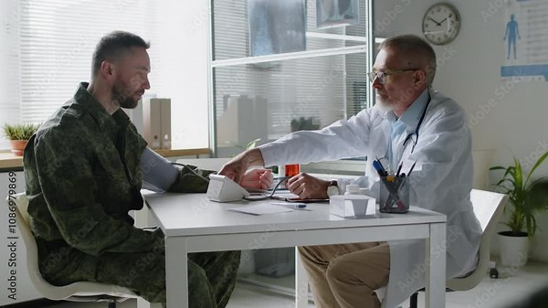 Middle-aged male doctor in lab coat taking blood pressure test on soldier in military uniform during appointment in clinic