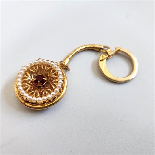 Vintage 1950s Gold Tone Decorative Keychain Fob With Faux Pearls and a Red Gemstone - Etsy