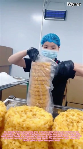 female worker stacking fried eggs high and packing with long bag | daily factory routine
