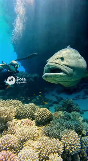 "Would you swim this close? 🤿😰"#shorts #diving #ocean #giantgrouper #underwater #nature #wildlife