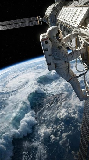 A lone spaceman is working on the outside of a huge space station, turning slowly with the curve of the planet below. Through the visor reflection and the metal rails he’s holding, you can see the Earth in the background — blue oceans, clouds, and a massive wave rolling across the surface. The coastline is just a thin line from this height, but the tsunami looks enormous, stretching from horizon to horizon. The spaceman keeps tightening a panel in silence while the planet turns, the scene calm a