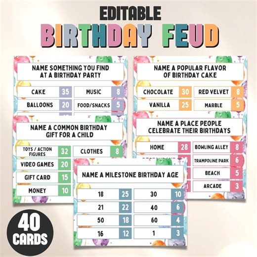 Printable Birthday Friendly Feud Trivia Game | Adult Birthday Party Games | Teen Birthday Game | Fun Family Party Activity | Editable - Etsy
