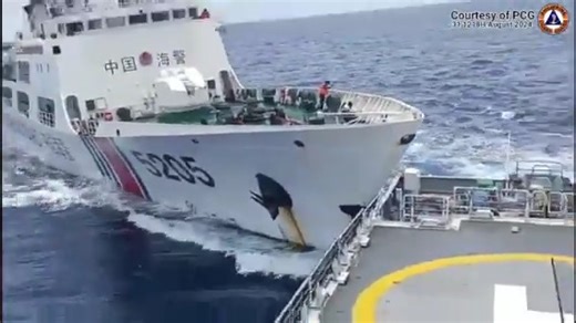 WATCH: Chinese Coast Guard vessel rams Philippine Coast Guard ship BRP Teresa Magbanua. | via Ted Cordero/GMA Integrated News COURTESY: Philippine Coast Guard | GMA News