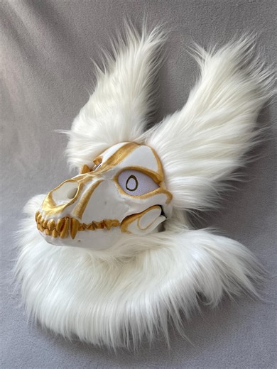 Premade Fursuit Head | White Skull Dog Mask With Gold Teeth | Werewolf Wendigo Design | Halloween Costume | Furry Fan Gift - Etsy