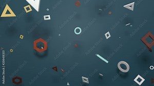 3d render abstract background. Flat plane and simple geometry shapes in front of it. Round, square, triangle, hexagon primitives with blurred shadow. Loopable sequence. Stock Video